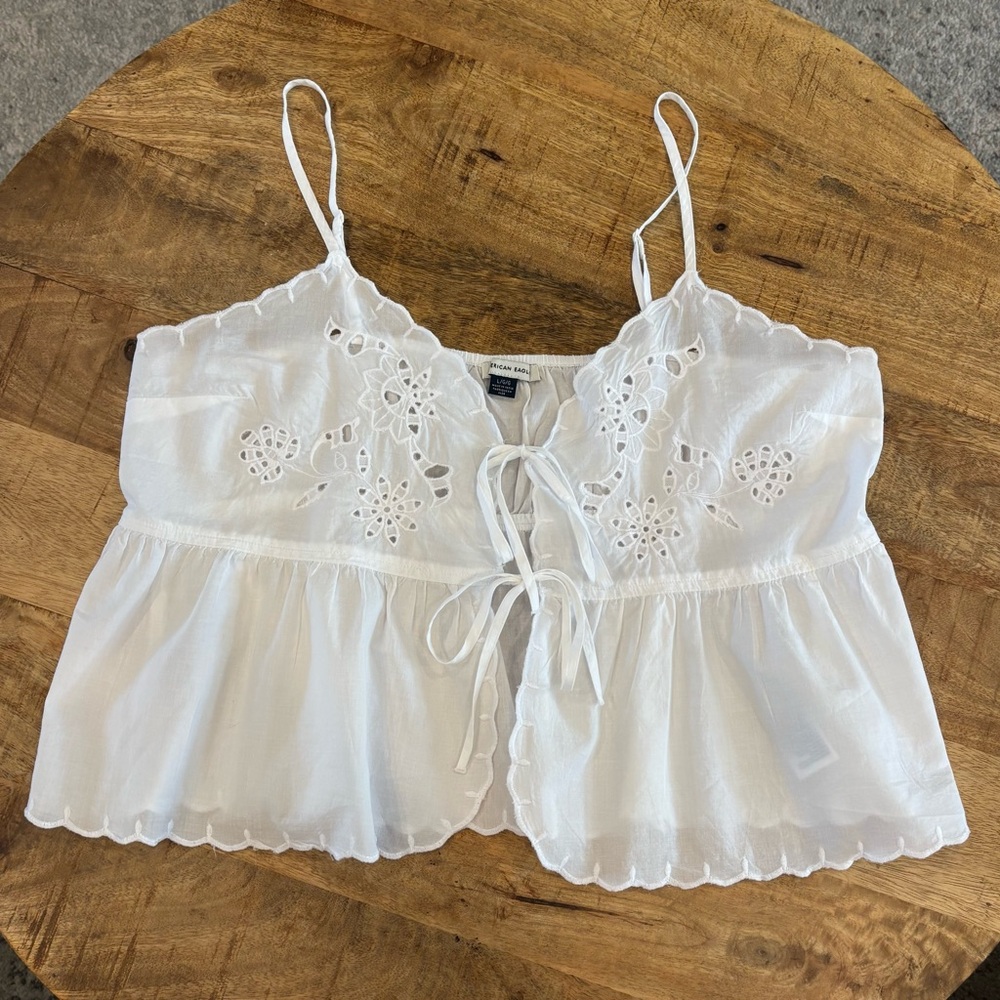 AE Tie Front Embroidered Tank Top